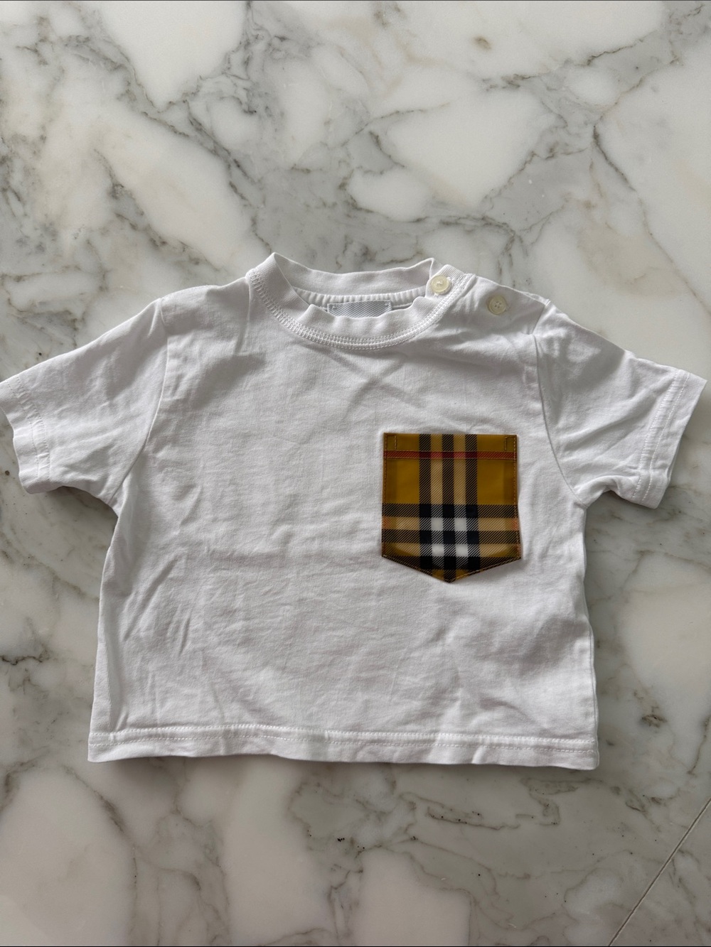 Burberry White Tee with Yellow Plaid Pocket Accent